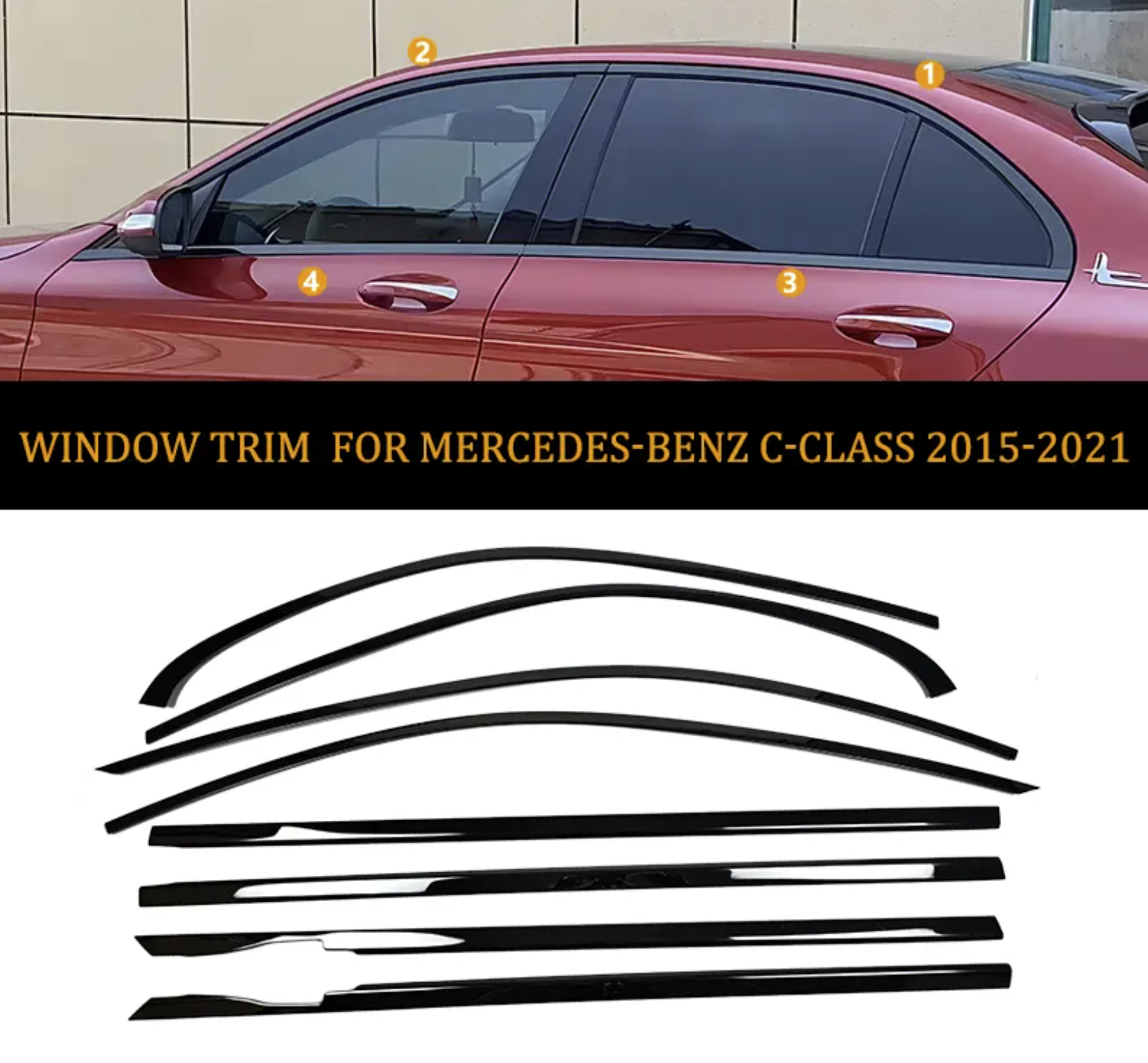 Mercedes C Class W205 Black Window Trims 2015-2021 Blackout dechrome Night package