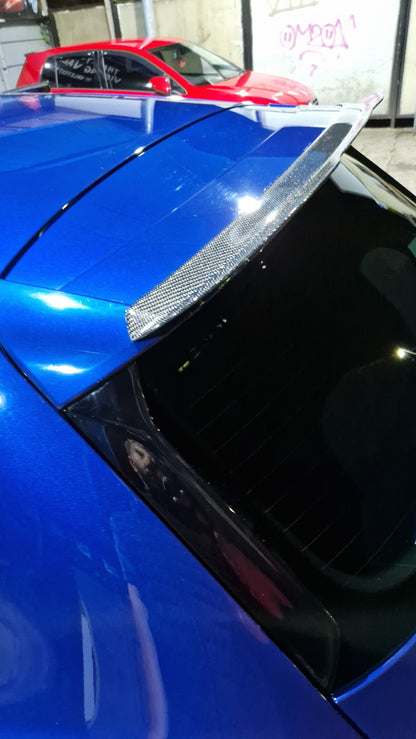 Custom My Ride carbon fibre lip spoiler installed on the rear roof of a blue Seat Leon 5F hatchback