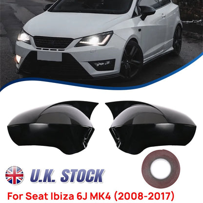 Gloss Black Wing Mirror Cover Caps Pair for Seat Ibiza 6J MK4 2008-2017 Front Left & Right ABS Direct Fit Replacement