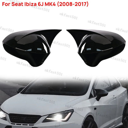 Gloss Black Wing Mirror Cover Caps Pair for Seat Ibiza 6J MK4 2008-2017 Front Left & Right ABS Direct Fit Replacement